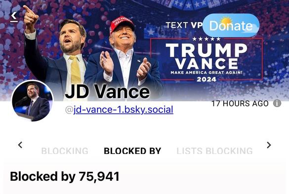 Screenshot of JD Vance’s account viewed by the clearsky tool. It shows he’s been blocked by 75,941 people/account