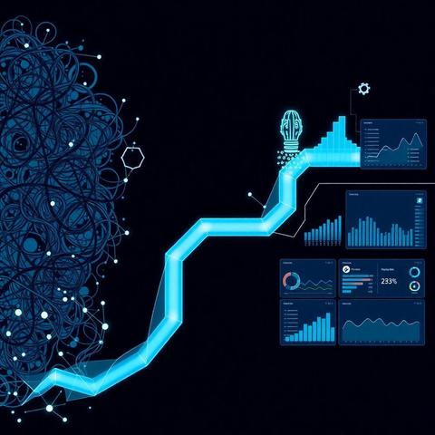 Diagram showing data visualization evolution: complex, tangled data streams on left transform through an automated pipeline in center to clean, simplified dashboards on right, illustrating how automation converts overwhelming data into clear visualizations.