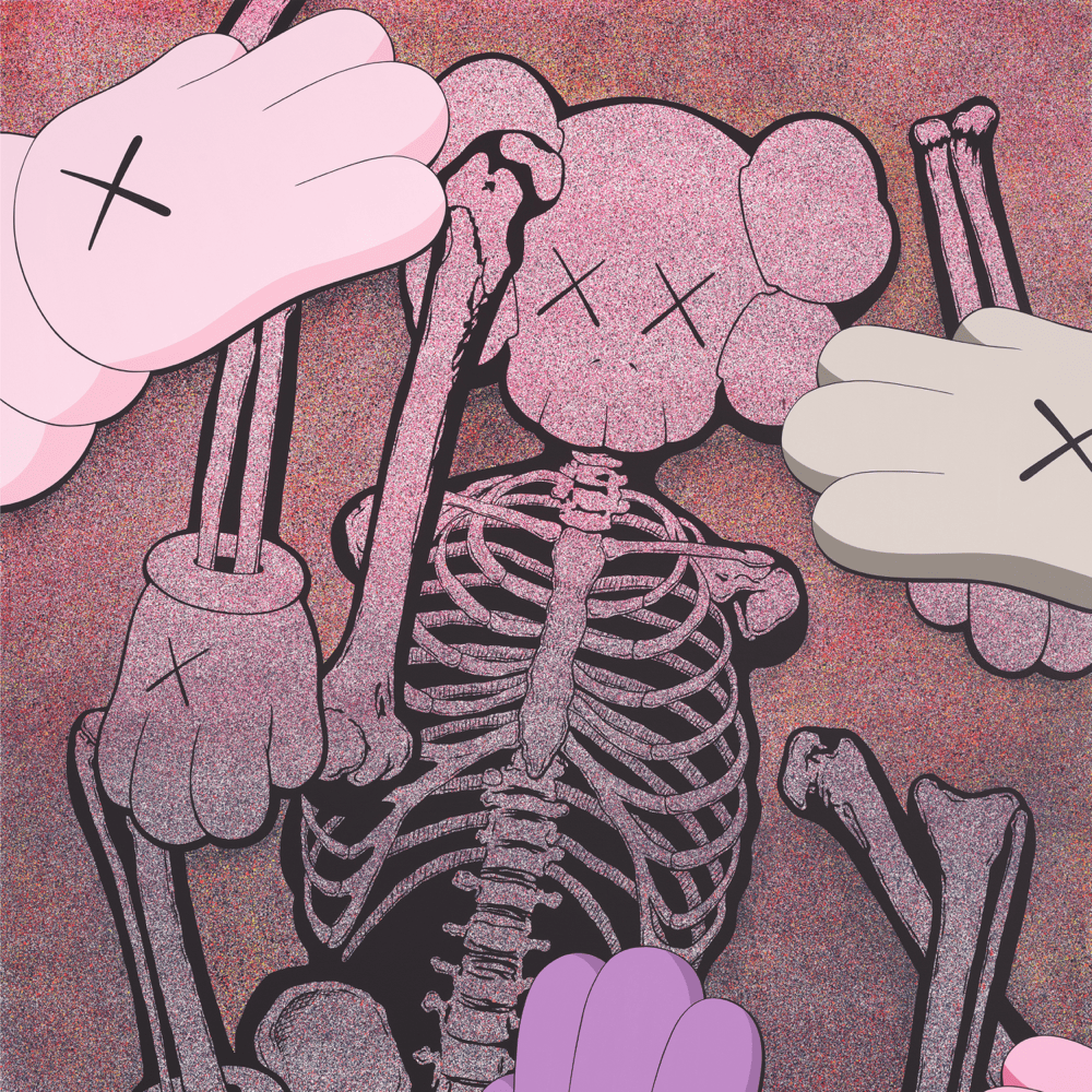 Illustration of a cartoonish skeleton with classic cartoon gloves on either side. There's a pink tint to the illustration. 