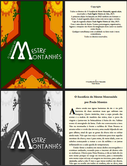 captura de tela da diagramação do conto em pdf com quatro páginas mostradas.
