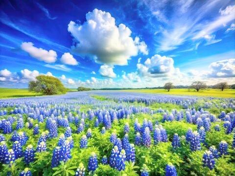 A field of bright purple and blue flowers with a gorgeous blue sky with scattered clouds 