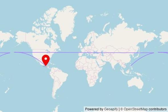 A map showing the great circle route from Balanga in the Philippines to a map pin at Iglesia Cristiana Bautista Emanuel, 3a Avenida, 03004-Santo Domingo Xenacoj, Guatemala