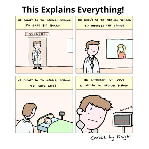 THIS EXPLAINS EVERYTHING!

1 - HE DIDN'T GO TO MEDICAL SCHOOL TO EARN THE BIG BUCSK - doctor in front of the surgery door

2 - HE DIDN'T GO TO MEDICAL SCHOOL TO IMPRESS THE LADIES - doctor in front of receptionist area

3 - HE DIDN'T TO TO MEDICAL SCHOOL TO SAVE LIVES - doctor looking at patient

4 - HE STRAIGHT UP JUST DIDN'T GO TO MEDICAL SCHOOL - the patient just flatlined beeeeep while the doctor sweats

COMICS BY KNIGHT
