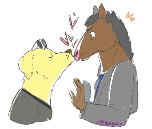 Fan art of the Mr. Peanutbutter going in for a kiss with Bojack Horseman by artist Gidan-Kuroki https://www.deviantart.com/gidan-kuroki/