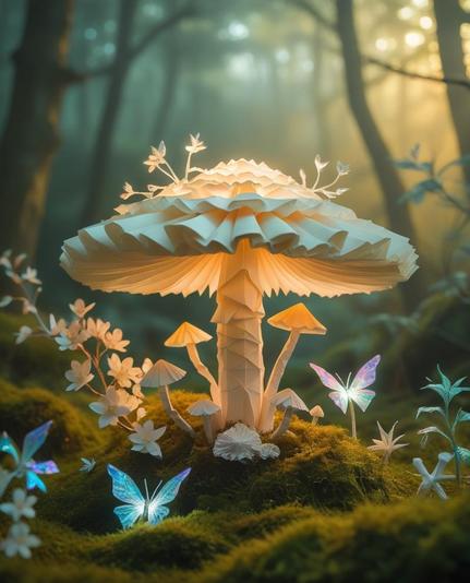 ②« Generated by LeonardoDiffusion »
a vibrant and surreal cinematic photograph of a meticulously crafted origami mushroom, its delicate layers of textured, ivory paper folded with precision, radiating a soft, ethereal luminescence against a serene, misty forest backdrop illuminated by warm, golden hour light. Whimsical, intricately designed origami flora, such as delicate cherry blossoms, and fauna, like fantastical, iridescent butterflies, surround the centerpiece, immersed in a lush, enchanted environment filled with warm, inviting hues of golden yellow, mossy green, and powdery blue. The photograph, with a subtle, cinematic film grain, captures the intricate beauty and versatility of papercraft art in a captivating, serene setting, evoking a sense of wonder and enchantment.