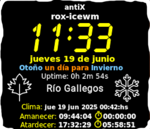 ❄️🌬️ ¡Falta UN DÍA para el invierno en el hemisferio sur! 🥶 Celebra el frío patagónico con mi Conky, que ahora brilla con el script horas_luz.sh mejorado: cronómetros precisos para amanecer 🌅 y atardecer 🌄 con un flamante icono 🕛 de Material Design Icons. 🖥️ ¡Río Gallegos se luce! 🚴‍♂️ Pruébalo: https://github.com/DrCalambre/OpenWeatherMap-wather-conky-master Más: https://drcalambre.blogspot.com #Conky #Linux #SoftwareLibre #RíoGallegos #Invierno2025