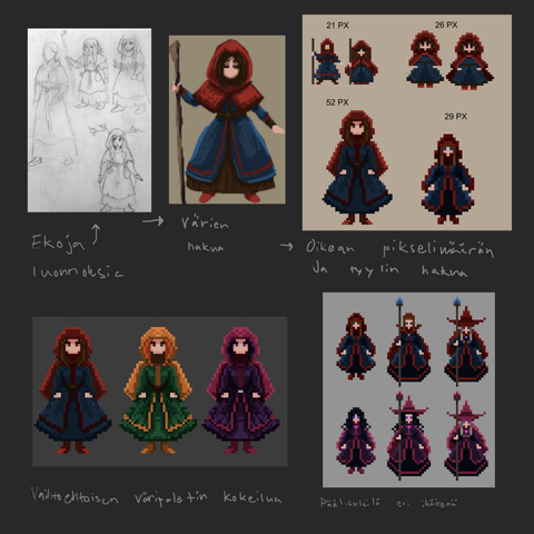 Concept sketches and different sized pixel art sprites for the main character in Daughter of Crone