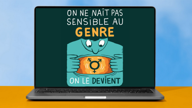 Illustration bleue et orange d'un ordinateur portable avec le texte "on ne naît pas sensible au genre"