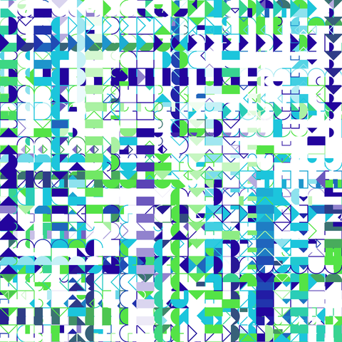 This generative artwork displays a grid-like structure filled with various geometric shapes. It features a mix of vibrant colors including shades of blue, green, and purple, creating a lively and intricate pattern of overlapping circles, squares, and triangles.