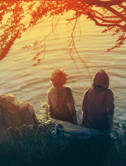 Fanart of Southpark's Tweek Tweak and Craig Tucker. Both are sitting on a river bank with their feet in the water, their backs to the viewer. Artist: preoprix 