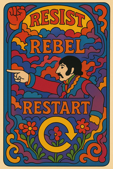 Yellow Submarine style art that says resist rebel restart