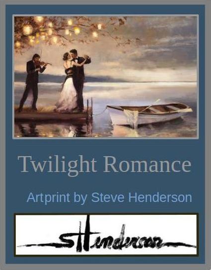 Art print of an original oil painting depicting a couple dancing by the lake, under the lights of a tree.