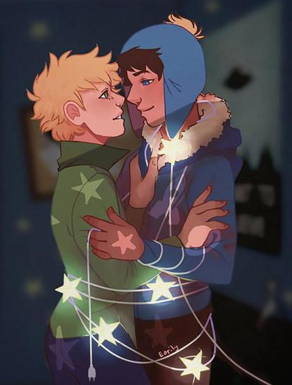 Fanart of Southpark's Tweek Tweak and Craig Tucker. Both are embracing. Both are wrapped in what looks like a Christmas light string with lit up stars on it. Artist: Earily 
