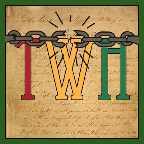 The Wild Hunt's TWH logo in red, yellow, and green on top of the Emancipation Proclamation with broken slave chains in the foreground.