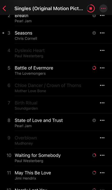 A screenshot of Single Original Motion Picture soundtrack in Apple Music playlist featuring songs from various artists like Pearl Jam, Paul Westerberg, and Jimi Hendrix.