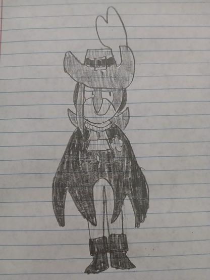 A doodle of a tawny-skinned woman with emo-style bangs wearing a bat-wing cape with high collar and cravat, a wide-brimmed hat with plume, a canine mask, and black boots.