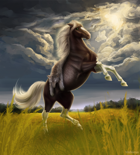An illustration of a rearing brown horse wearing wolf pelt on its back in a field under bright sun shining through dark sky