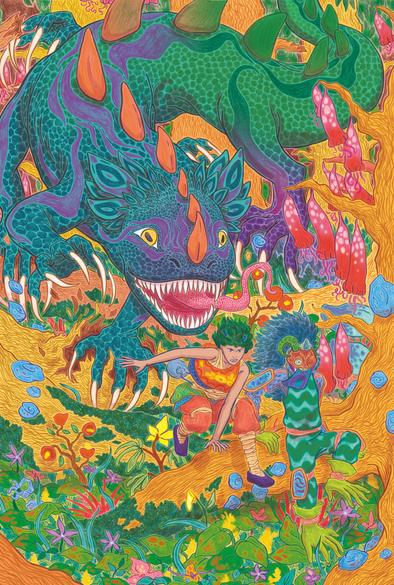 Cette illustration, réalisée aux crayons noirs puis colorisée numériquement, met en scène deux personnages en pleine course, fuyant une créature gigantesque. Le monstre est sorte de lézard aux écailles bleues et vertes, et possède des pointes orange. Sa langue est tirée d’appétit pour les deux personnages, et il avance dans l’environnement avec fracas, cassant tronc d’arbre et dévastant la végétation autour de lui. Les deux personnages s’élancent parmi les plantes colorées, les champignons étranges et les arbres aux troncs torsadés. Nilhne, personnage féminin qui se trouve à la gauche, est vêtue de tissus colorés, l’autre d’un costume à rayures, masque sur le visage et coiffe en plumes. L’environnement est foisonnant, imaginaire et dangereux. Cette image s’inscrit dans les recherches graphiques pour une bande dessinée en cours d’écriture.