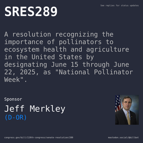 Description of SRES289, and a depiction of its sponsor, Jeff Merkley.