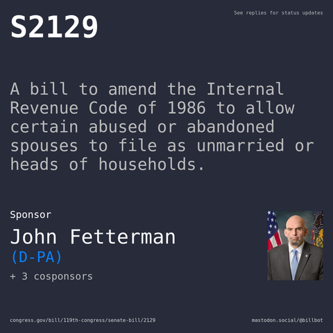 Description of S2129, and a depiction of its sponsor, John Fetterman.