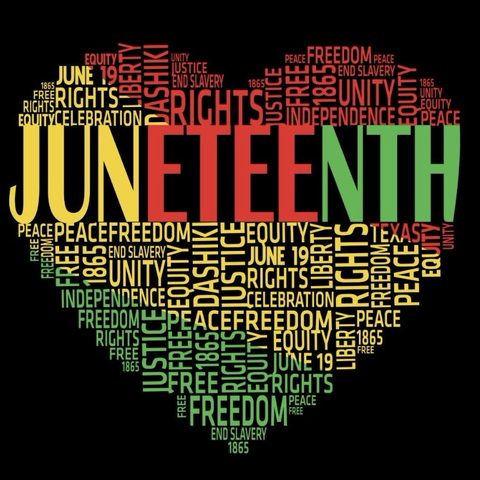 A heart-shaped word cloud on a black background. At the center, the word “JUNETEENTH” is displayed prominently in large capital letters, with “JUN” in yellow, “ETE” in red, and “ENTH” in green — colors of the Pan-African flag. Surrounding “JUNETEENTH” are many smaller words and phrases in red, yellow, and green fonts that represent the meaning and history of the holiday. Words include: freedom, peace, rights, unity, equity, justice, free, independence, celebration, liberty, end slavery, dashiki, Texas, June 19, and 1865. The overall shape of the design is a heart, symbolizing love and solidarity. The vibrant color scheme and clustered words emphasize pride, resilience, and the continued fight for racial justice.