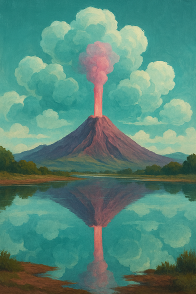 Un volcan en éruption de sa cheminée rose avec un lac en premier plan. En dernier plan des nuages bien compact.