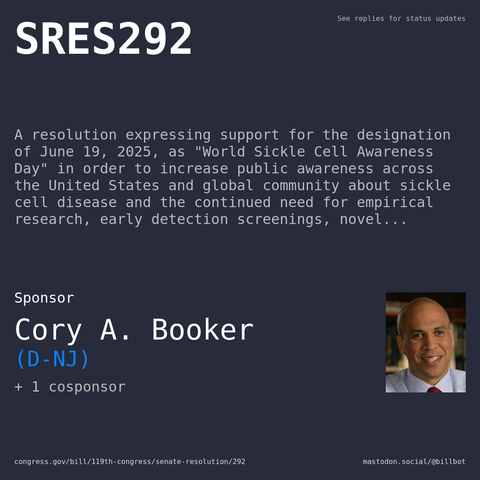 Description of SRES292, and a depiction of its sponsor, Cory A. Booker.