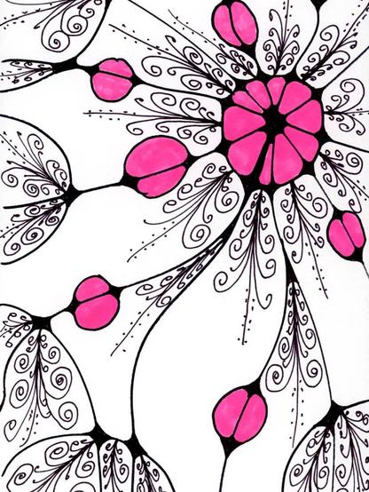 Black ink drawing featuring an ornate floral design with a large central pink flower surrounded by decorative branches extending in all directions. The branches are adorned with smaller pink buds and blossoms, intricate swirls, flourishes, and delicate linework. The composition has a radial, mandala-like quality with flowing organic curves and detailed botanical ornamentation throughout. The artwork uses only black ink and bright pink accents on white paper.