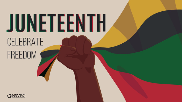 “Juneteenth” with brown hand holding flag