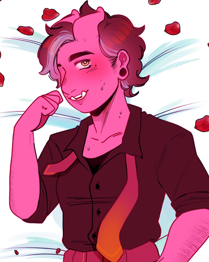 A cropped version of the dakimakura design of Blake from Pink Sugar. She's blushing and sweating sheepishly, and her shirt is unbuttoned with her tie undone. It's cropped at the waist, since the full version is on Patreon or will be up on the Kickstarter when it's up.