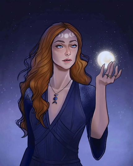 The image depicts a woman with long, wavy, reddish-brown hair, wearing a dark blue dress with a V-neckline and three-quarter sleeves. She is holding a glowing full moon in her right hand, with her fingers slightly curled around it. The moon emits a bright, white light, contrasting with the dark blue background, which is filled with stars, suggesting a night sky. The woman's left hand is adorned with a ring on the ring finger. She wears a necklace with a pendant featuring a crescent moon and a blue stone. On her forehead, there are three white crescent moon symbols, possibly representing the phases of the moon. The overall color palette is a mix of deep blues and purples, with the moon's light adding a warm glow to the scene.