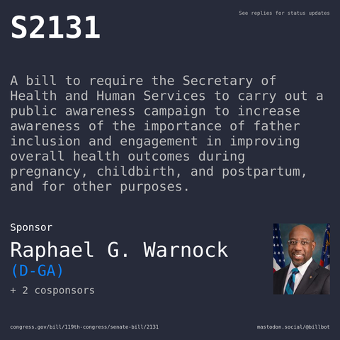 Description of S2131, and a depiction of its sponsor, Raphael G. Warnock.