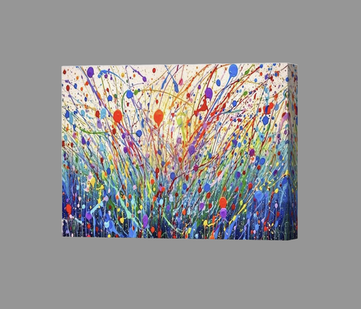 An abstract digital painting evoking a vibrant meadow in bloom, created in the style of Jackson Pollock. Swirling brushstrokes in rich, velvety textures create a sense of motion, layering bold colors like violet, coral, teal, and butter-yellow. The composition feels alive—dynamic, expressive, and poetically unrestrained.