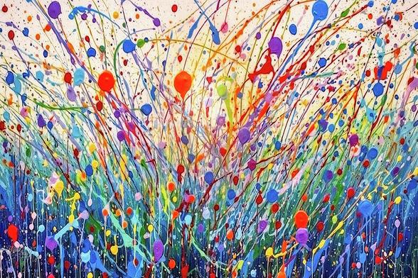 An abstract digital painting evoking a vibrant meadow in bloom, created in the style of Jackson Pollock. Swirling brushstrokes in rich, velvety textures create a sense of motion, layering bold colors like violet, coral, teal, and butter-yellow. The composition feels alive—dynamic, expressive, and poetically unrestrained.