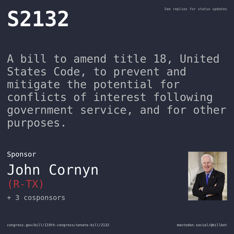Description of S2132, and a depiction of its sponsor, John Cornyn.