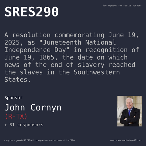 Description of SRES290, and a depiction of its sponsor, John Cornyn.
