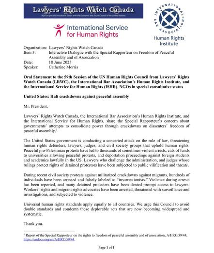 Image of statement with logos. See text at https://www.lrwc.org/united-states-halt-crackdowns-against-peaceful-assembly-oral-statement-to-the-un-human-rights-council/ or https://www.lrwc.org/wp-content/uploads/2025/06/LRWC.HRC59.Item3_.ID_.SR_.FAA_.F.pdf