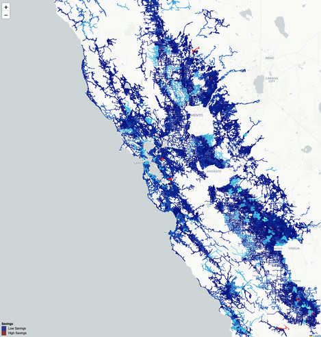 Map of California with colors indicate low / high savings potential