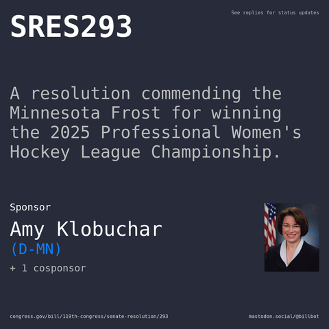 Description of SRES293, and a depiction of its sponsor, Amy Klobuchar.