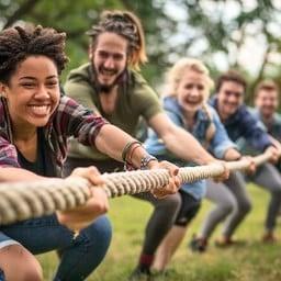 Happy people playing tug of war with a thick long rope 