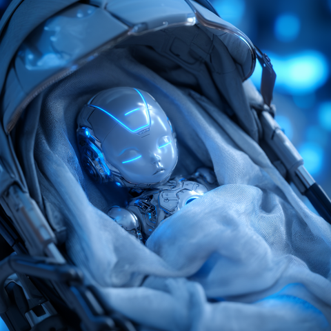Midjourney Prompt: A sleeping baby robot in a futuristic high-tech stroller, metallic features with soft glowing blue accents, closed LED eyes, tucked under a translucent graphene blanket, floating anti-gravity crib with holographic mobile, dreamy sci-fi nursery setting, soft ambient lighting, hyper-detailed, ultra realistic, studio lighting, 8k --v 7