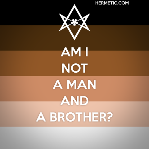 Square image, Black Lives Matter flag background, white text. Inspired by the series of WWII propaganda posters from the UK, of which Keep Calm was one. Instead of a crown, an upside down unicursal hexagram, for reasons. Text is the abolitionist slogan "Am I not a man and a brother?"