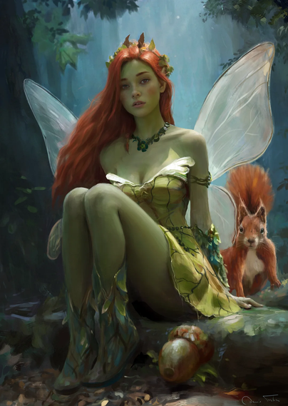 The image depicts a fantasy scene featuring a female figure with green skin, long red hair, and large, translucent wings, resembling a fairy. She is seated on a rock in a forest setting, wearing a green dress with leaf patterns and leafy boots. Her attire is complemented by a necklace made of green beads and a crown of leaves and flowers. A red squirrel with a bushy tail is standing beside her, and an acorn lies on the ground in front of her. The background is a misty forest with trees and foliage, creating a serene and mystical atmosphere.