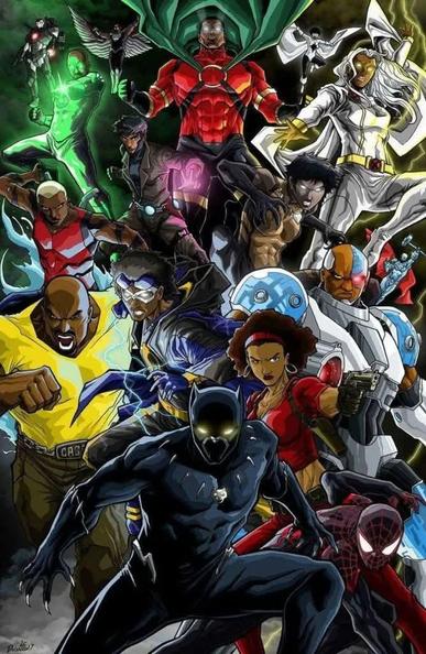 Comic book art showing a montage of Black superheroes and comic book characters, including (going top left corner clockwise, not everyone is identified):

War Machine
John Stewart
Falcon
Icon
Monica Rambeau
Storm
Steel
Miles Morales
Black Panther
Cage
Aqualad
Vixen
Misty Knight
Static

[Artist unknown. Could not be identified using Google image search.]