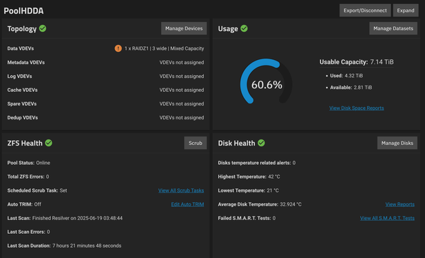 Screen shot from TrueNAS showing disk health.