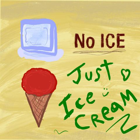 A graphic showing an ice cube and ice cream cone, the text says "No ICE, Just Ice Cream: