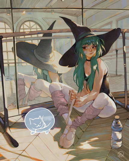The image depicts a young woman with long green hair, wearing a large black witch hat, a black sleeveless top, white tights, and pink leg warmers. She is sitting on a wooden floor in a dance studio, with a ballet barre in front of her. She is holding a ballet stick in her hands and appears to be taking a break. Her reflection is visible in a large mirror behind her, showing her sitting in the same position. The studio has large windows with arched tops, allowing natural light to fill the room. A water bottle is placed on the floor next to her. A simple drawing of a cat is visible on the floor near her feet. The overall atmosphere is calm and serene, with a blend of witch and ballet elements.