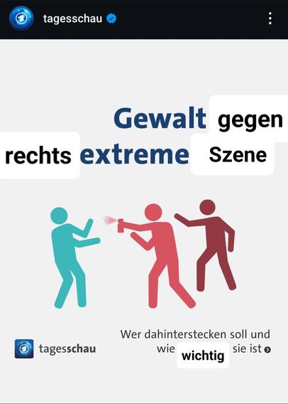 Instagramkachel: links wird eine blaue Piktogramm-Person von rechts, einer roten mit etwas besprüht. Eine dunkel rote Piktogramm-Person steht ganz rechts im Hintergund. Auf der Kachel steht oben geschrieben: "Gewalt gegen rechtsextreme Szene" und unten: "Wer dahinter steckten soll und wie wichtig sie ist". Einige Worte sind nachträglich verändert worden. Im Original geht es um linksextremismus.