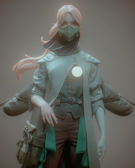 The image depicts a stylized, animated character with long, flowing pink hair. The character is wearing a long, light green coat with a high collar and a circular light source on the chest, giving a futuristic appearance. The coat is buttoned with orange buttons and has a green vest underneath. The character is also wearing a green mask covering the lower half of the face and a dark green scarf around the neck. The character's outfit is complemented by brown pants and a green belt with a buckle. A large, detailed bag is slung over the left shoulder, adding to the character's adventurous look. The background is a plain, neutral color, focusing attention on the character.