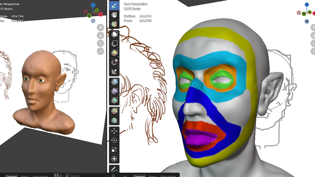 A bust of a pointy ears girl sculpted in blender. The view is splitted in two. While the left panel shows the bust rendered in normal colors, in the right one, the zones to be retolopologized as a quad loops are painted in different colors as guide. All together seems like a fancy make-up.